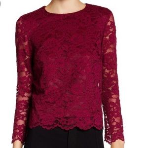 Nicole Miller Burgundy Lace Long Sleeve Top Size Medium